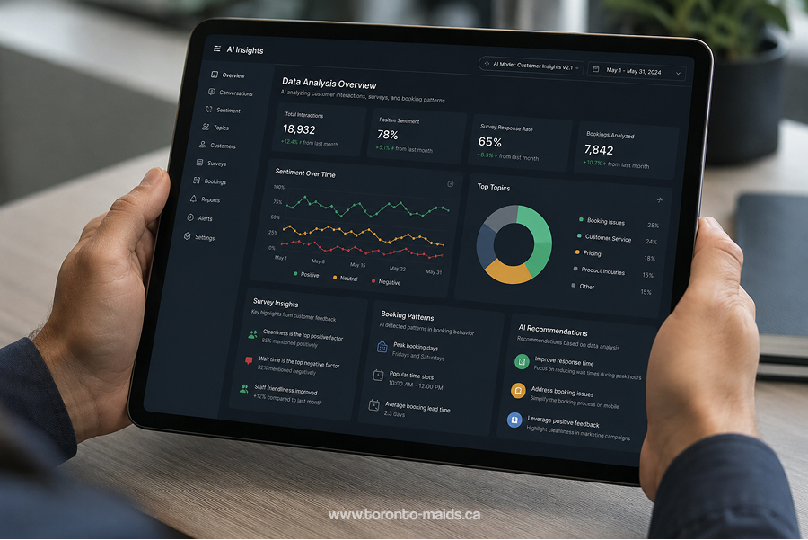 Close-up of hands holding an iPad displaying an "AI Insights" data dashboard, showing analytics for customer interactions, satisfaction surveys, and booking patterns for "Toronto Maids". The watermark "www.toronto-maids.ca" is visible on the iPad bezel.