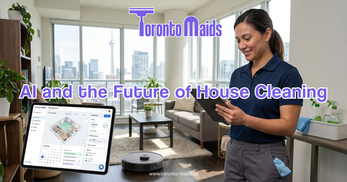 Toronto Maids technician and modern condo view. The technician is with a tablet and robot vacuum, beside a large screen showing a management dashboard. Prominent 'Toronto Maids' logo is at the top, and centered text reads: 'AI and the Future of House Cleaning'.